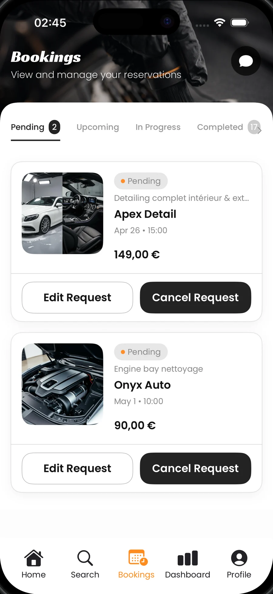 Customer bookings, grouped by status
