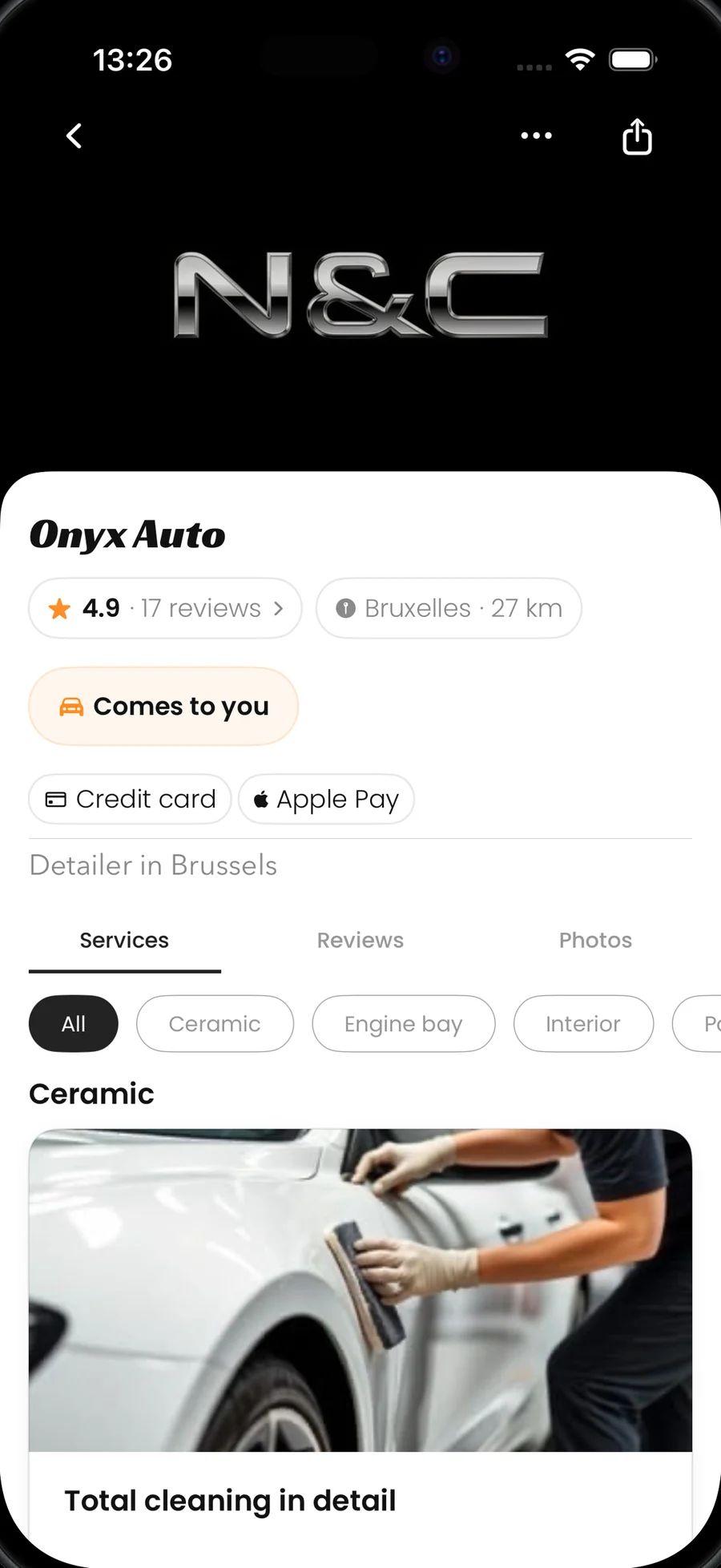 A detailer's profile with services and reviews