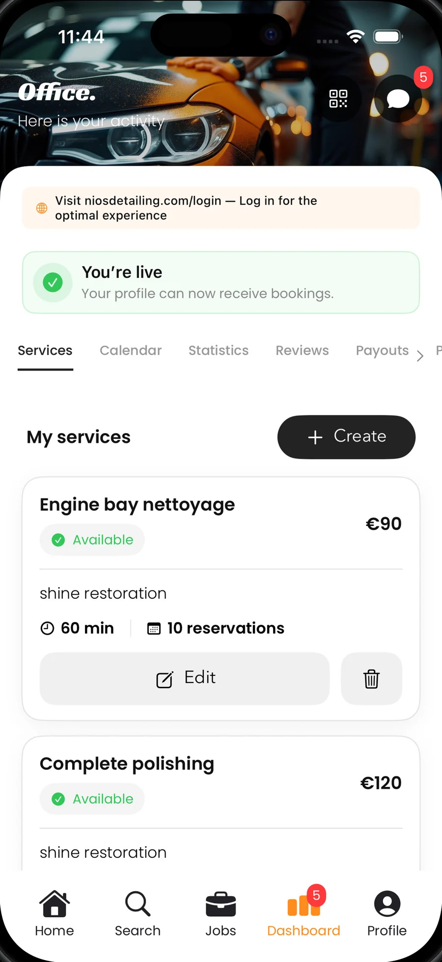 Detailer dashboard: managing services and prices