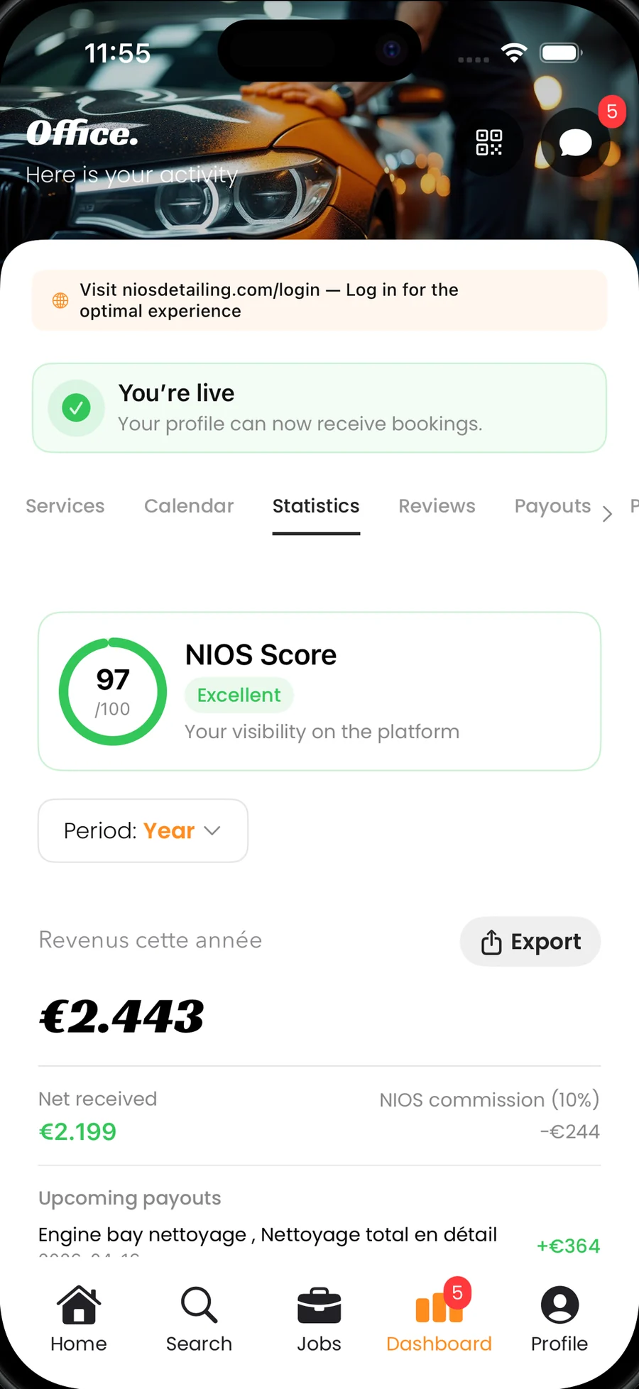Detailer dashboard: revenue, payouts and commission