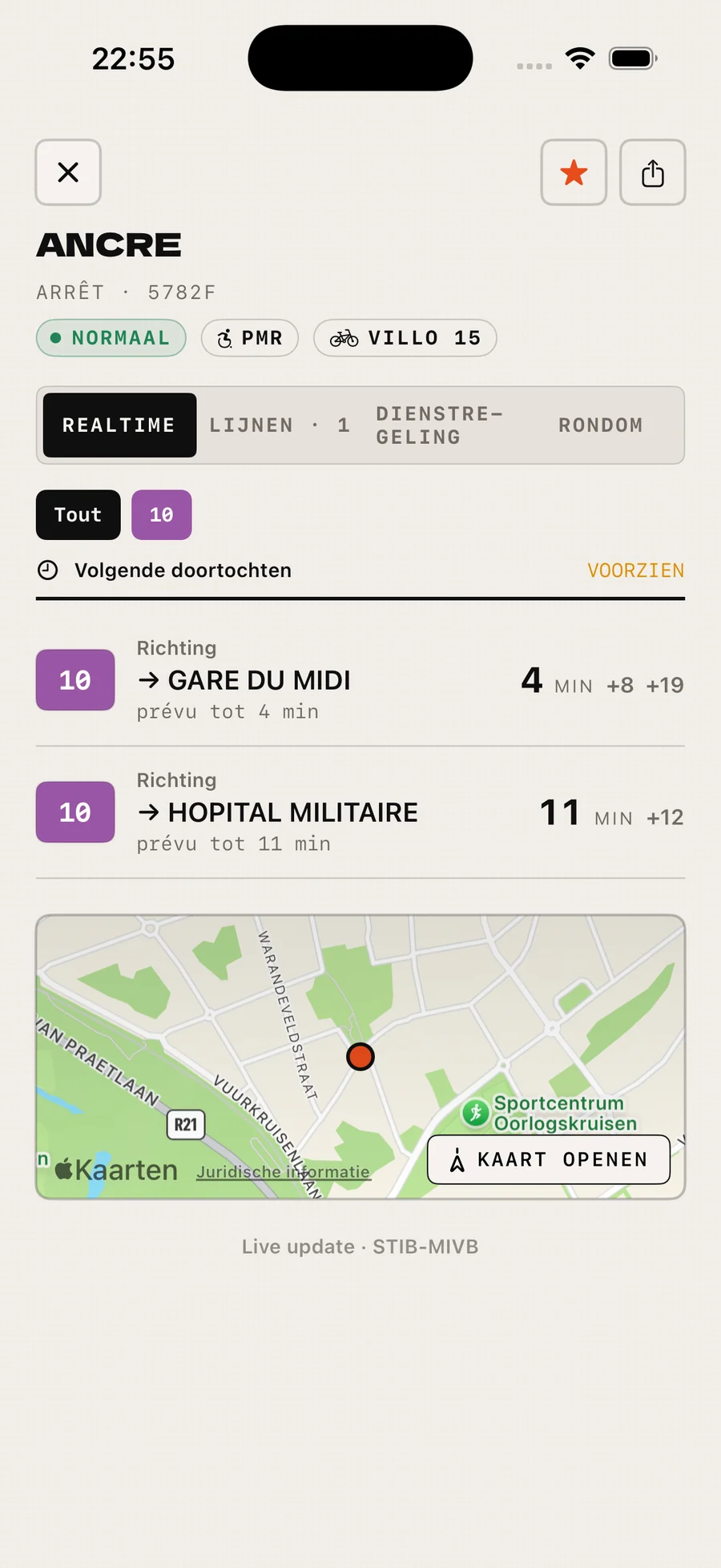 Live departures for a stop, pinned on the map