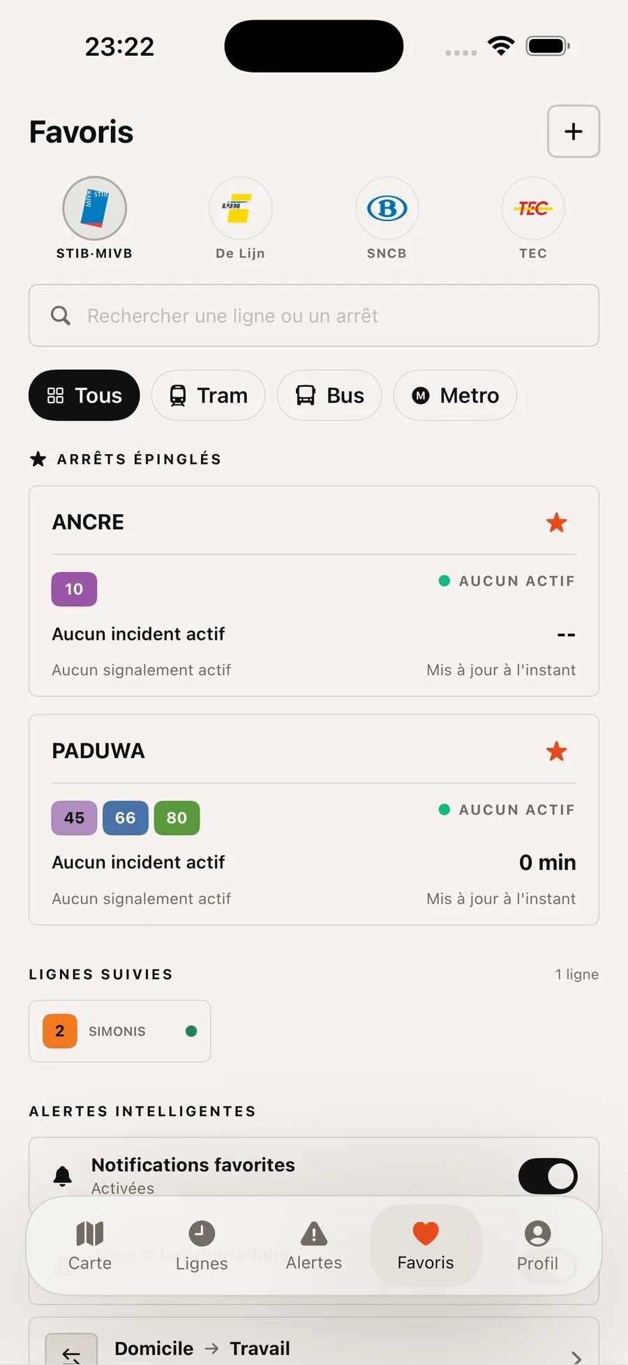 Saved stops and lines with smart alerts