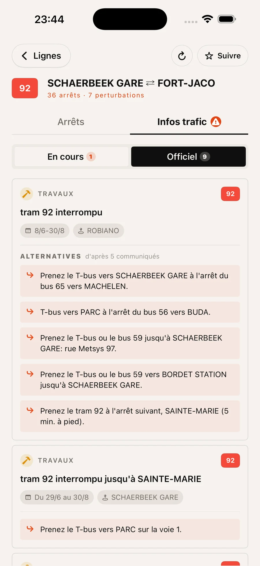 A line with its stops and live traffic information