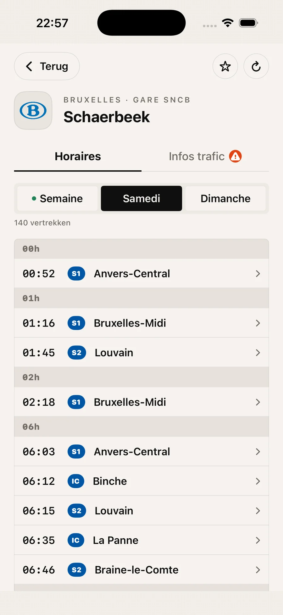 SNCB train departures from a station
