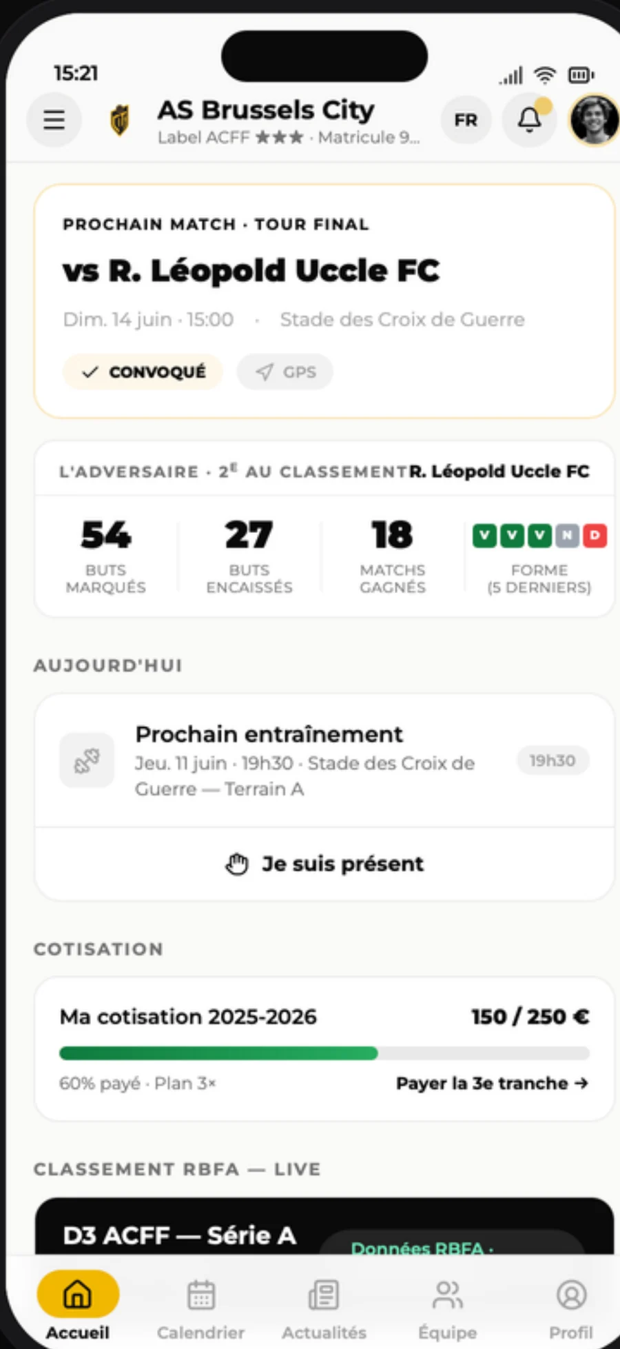 AS Brussels City home screen for a player