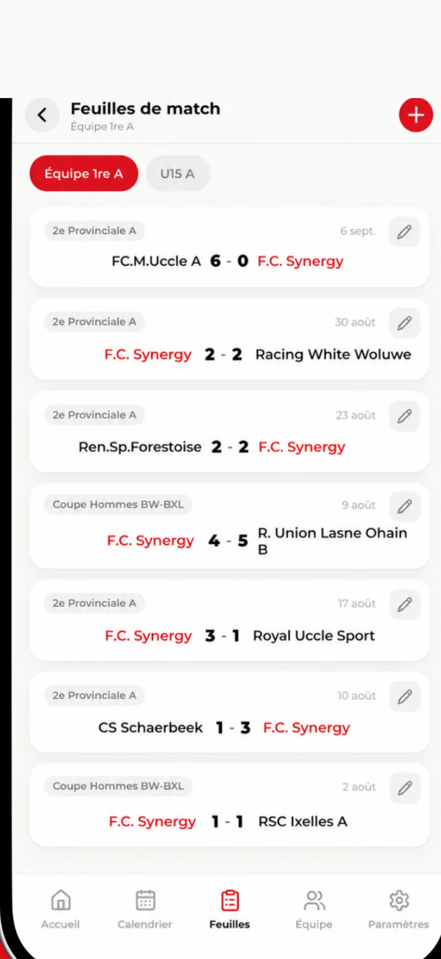 Match sheets and results across the season