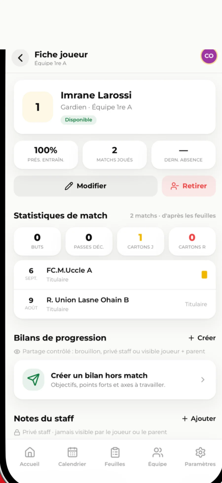 A player record with stats and staff notes